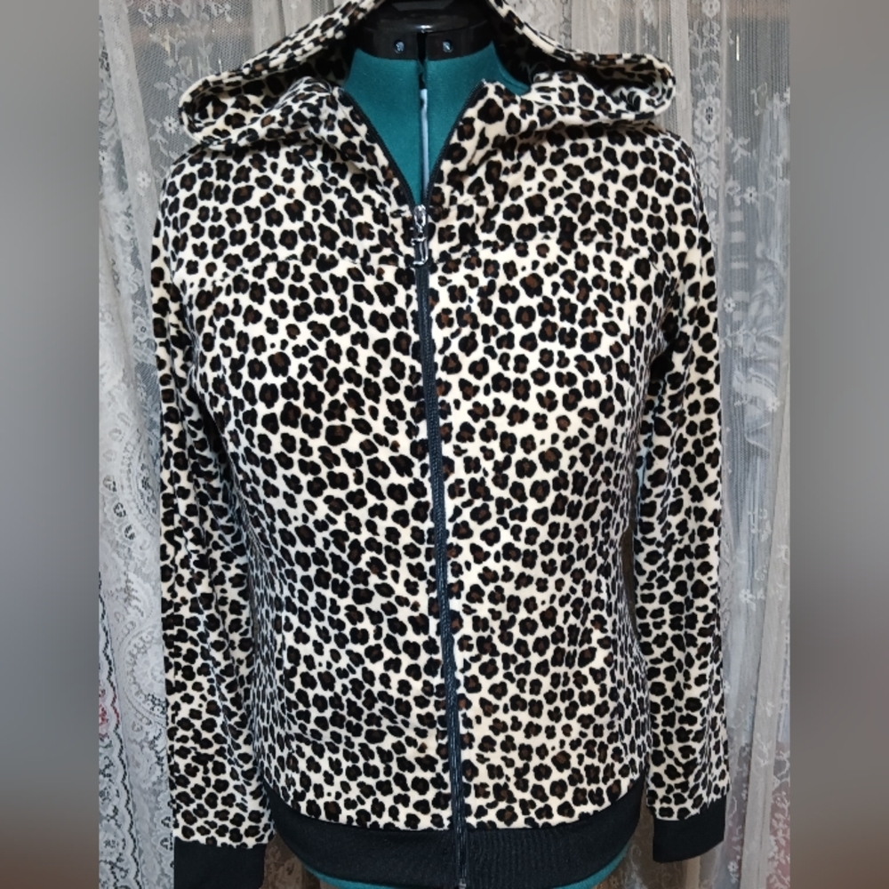 Juicy Couture leopard print velor hooded jacket Sz L slightly used
